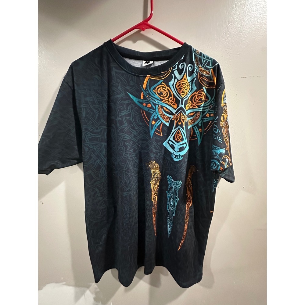 Luna Fide Mens Celtic Wolf Graphic T-Shirt Black Teal Orange All Over Print L